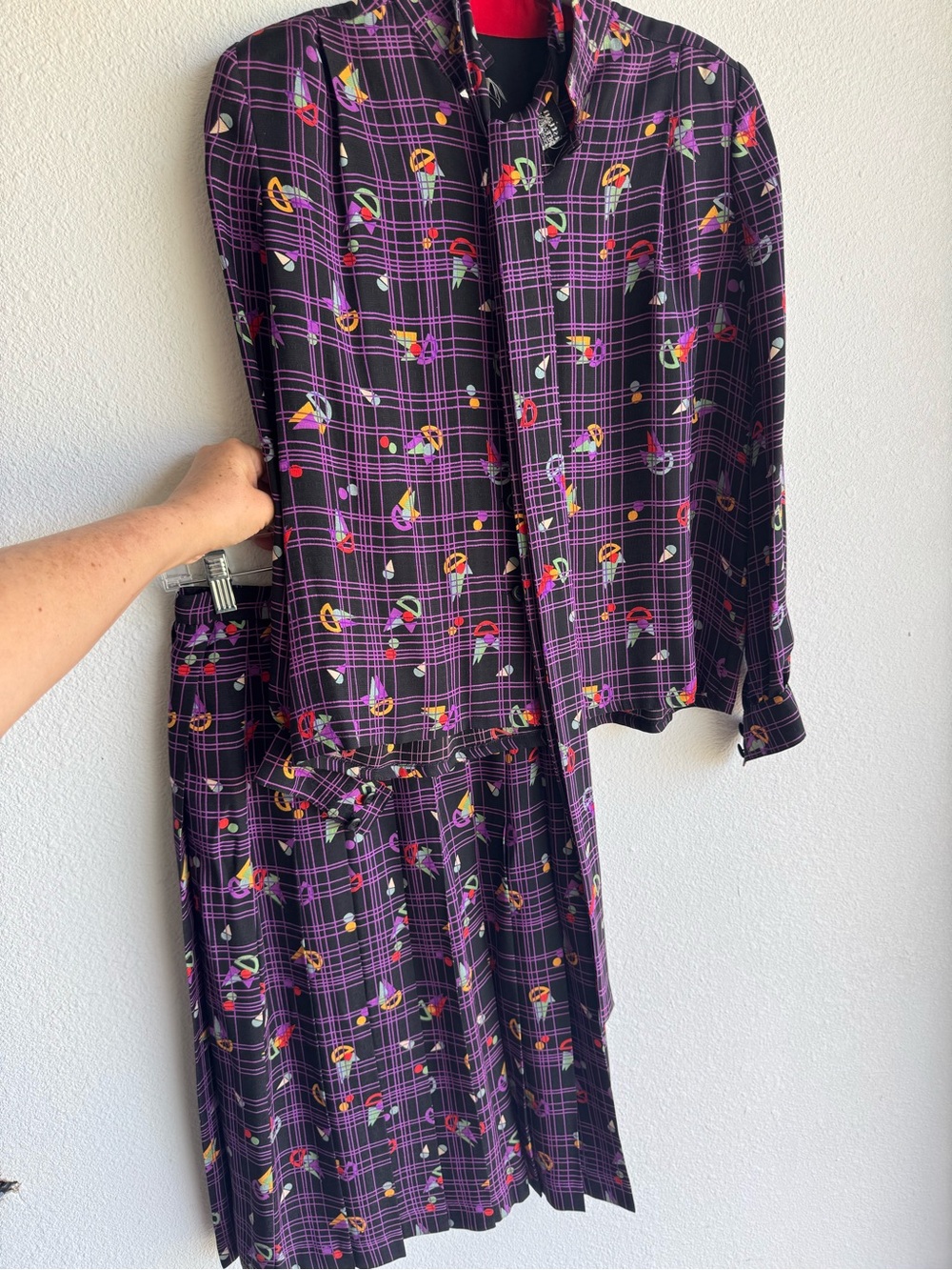 Vintage 80s Christian Dior Geometric Silk Blouse & Skirt Set in Black & Purple